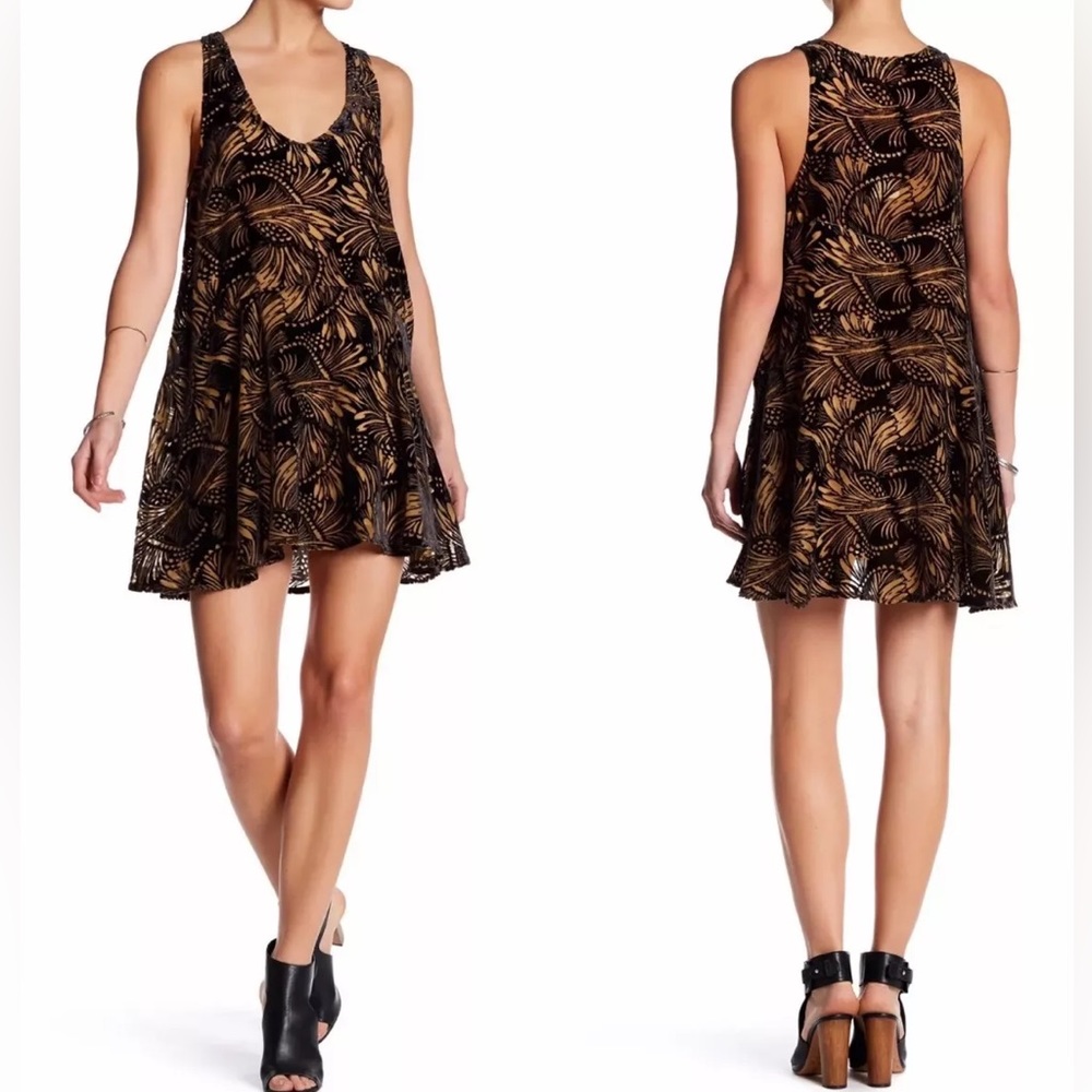 Free People Ellie Brown Velvet Floral Swing Dress